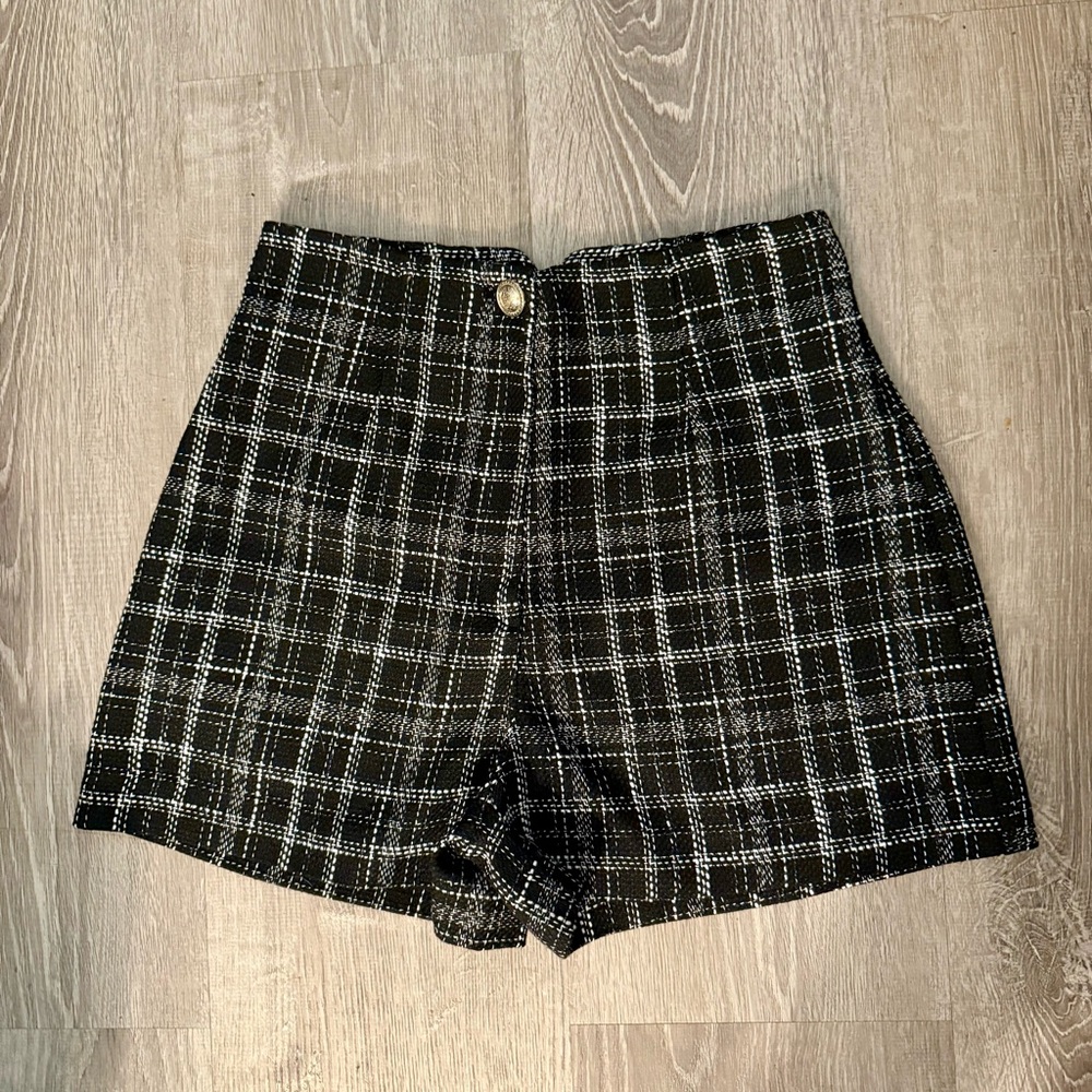 Zara High Rise Tweed Shorts - Black and White